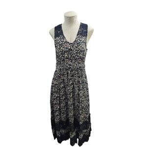 Ranna Gill Black Floral Lace Trim Peasant Prairie VNeck Sleeveless Midi Dress XS
